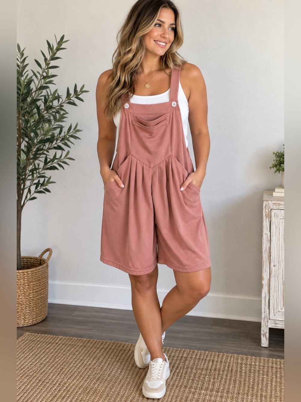 Halara Women’s Medium Dusty Rose Overall Romper Pleated Pocket Stretch Casual